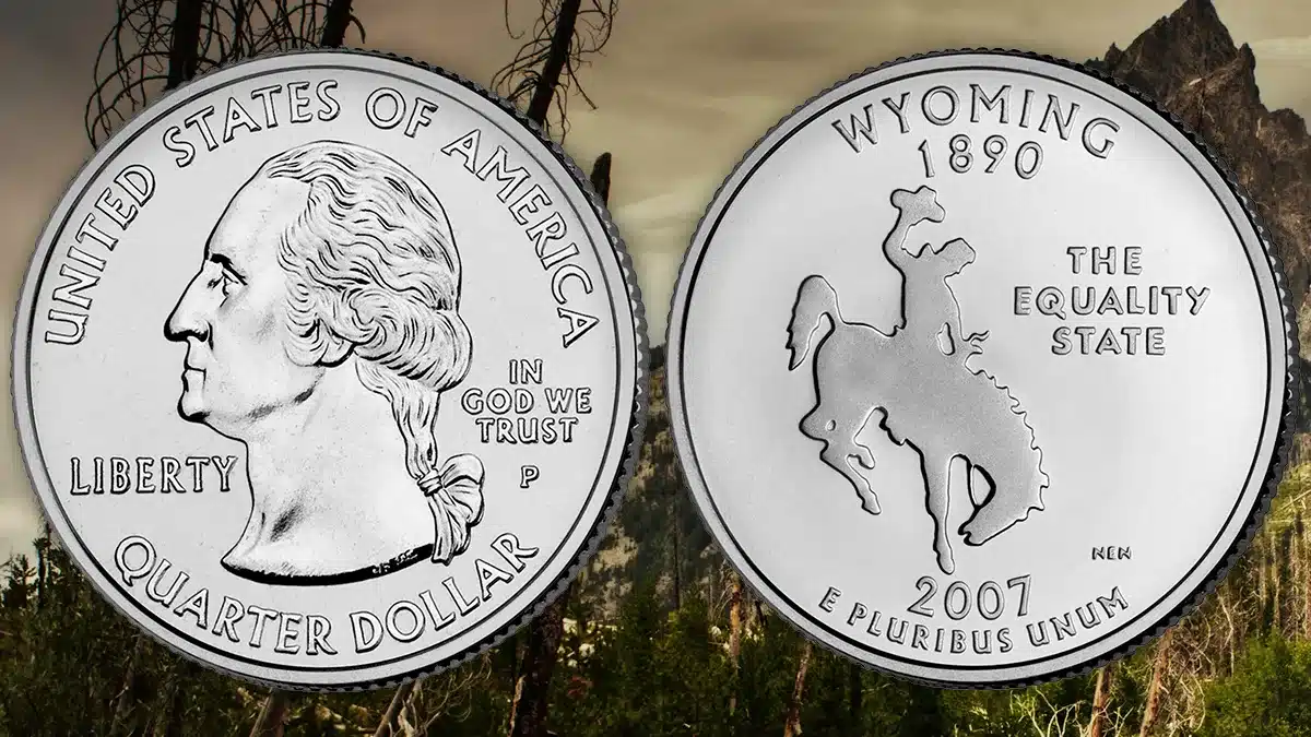 Side-by-side comparison of common 2007 Wyoming quarter versus gem-grade high-value example