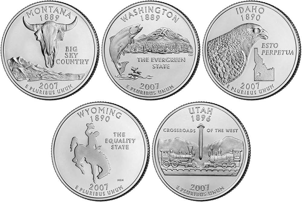 All five 2007 State Quarter designs arranged side by side showing mintage variety